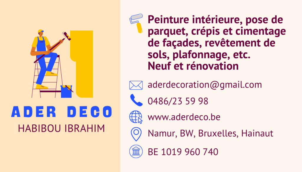 Carte de visite de Ader décoration, spécialiste en peinture, plafonnage et rénovation de bâtiments